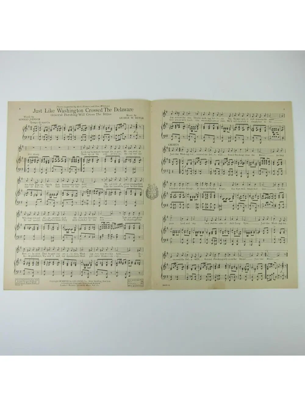 Sheet Music Just Like Washington Crossed Delaware General Pershing Antique 1918